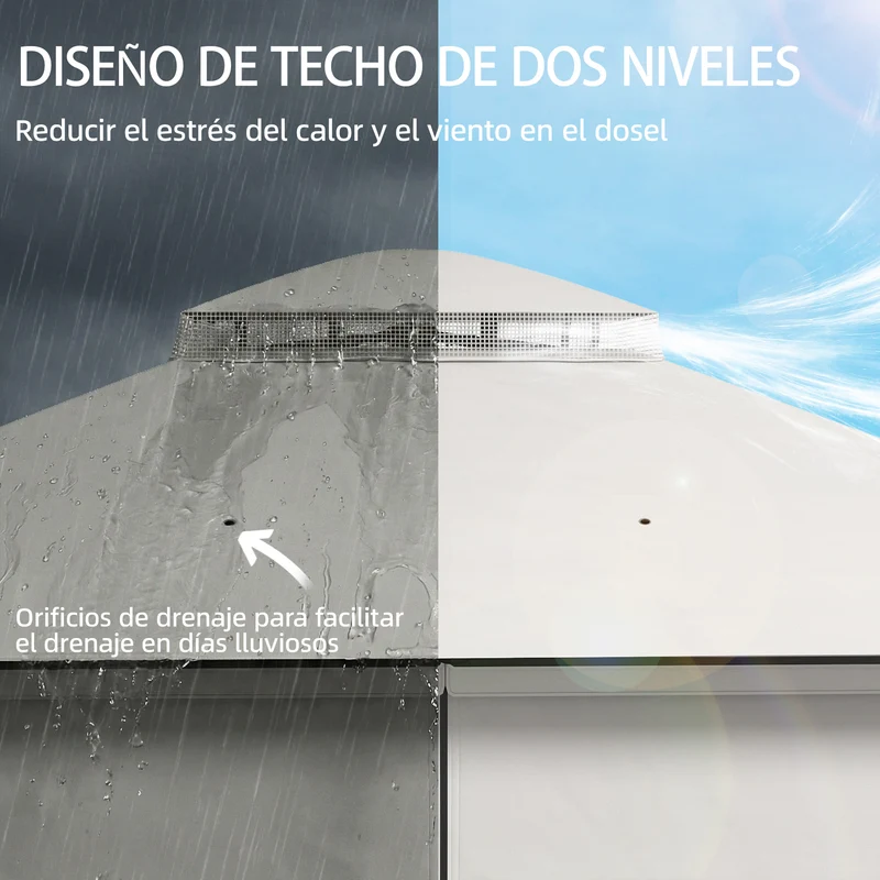 Outsunny Cenador para Jardín 3x3,6 m, Pabellón de Jardín Gazebo con Doble Techo, 4 Paredes Laterales y Mosquitera, Estructura Metálica, Drenaje, Carpa para Exterior, Terraza, Patio, Gris Claro