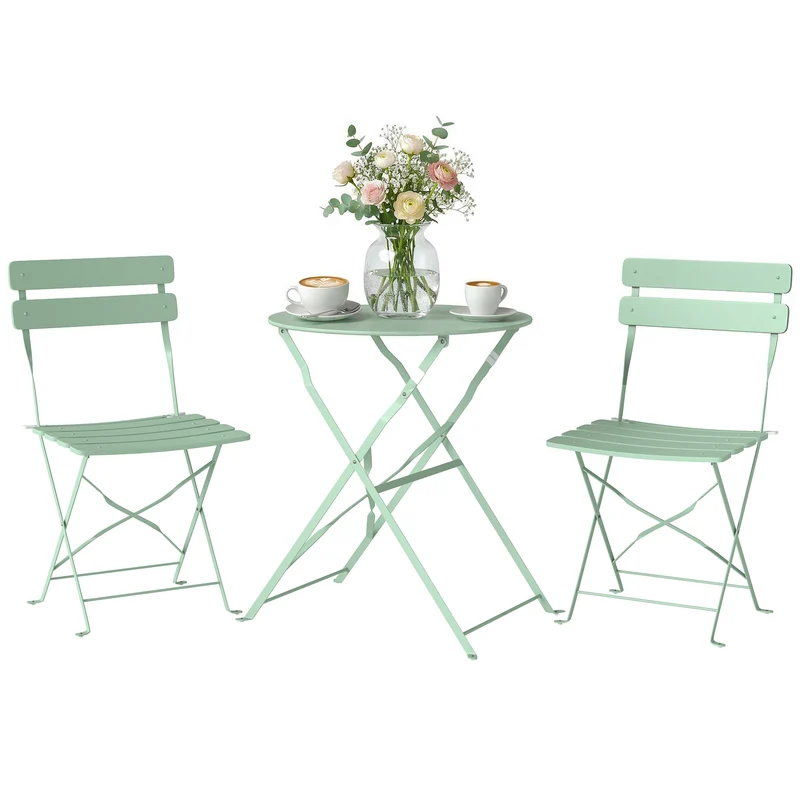 Outsunny Conjunto de Mesa y Sillas de Terraza Exterior Plegable 3 Piezas, Muebles de Jardín Exterior con 2 Sillas Plegables, Mesa Redonda, Estructura Metálica Electrofórica para Patio, Balcón, Verde