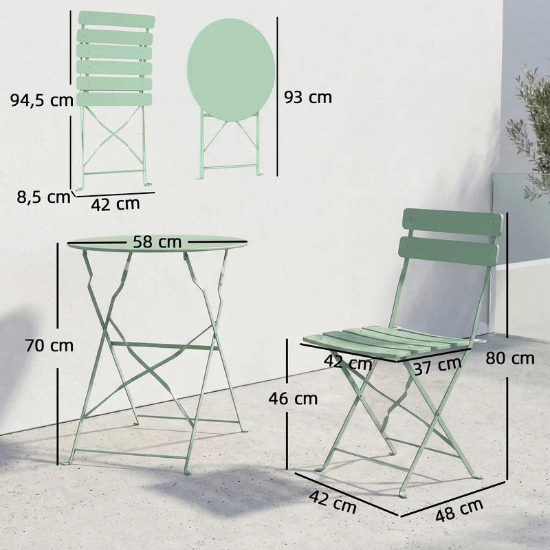 Outsunny Conjunto de Mesa y Sillas de Terraza Exterior Plegable 3 Piezas, Muebles de Jardín Exterior con 2 Sillas Plegables, Mesa Redonda, Estructura Metálica Electrofórica para Patio, Balcón, Verde