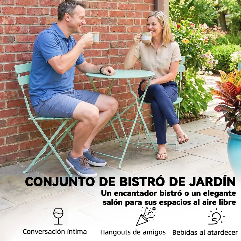 Outsunny Conjunto de Mesa y Sillas de Terraza Exterior Plegable 3 Piezas, Muebles de Jardín Exterior con 2 Sillas Plegables, Mesa Redonda, Estructura Metálica Electrofórica para Patio, Balcón, Verde