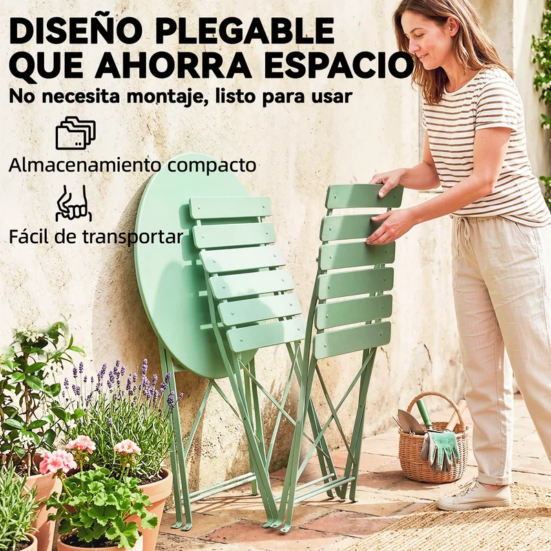 Outsunny Conjunto de Mesa y Sillas de Terraza Exterior Plegable 3 Piezas, Muebles de Jardín Exterior con 2 Sillas Plegables, Mesa Redonda, Estructura Metálica Electrofórica para Patio, Balcón, Verde