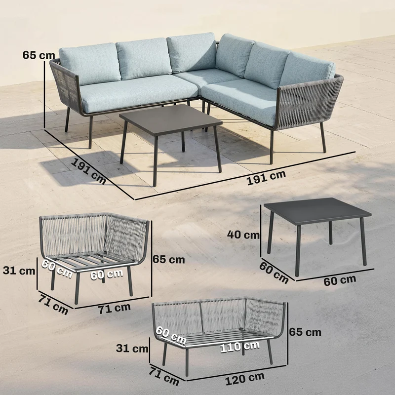 Outsunny Conjunto de Muebles de Ratán 4 Piezas con Marco de Aluminio Set de Muebles de Jardín 2 Sofá de 2 Plazas Sofá de Esquina Mesa de Centro con 6 Cojines Acolchados para Exterior Patio Azul Claro