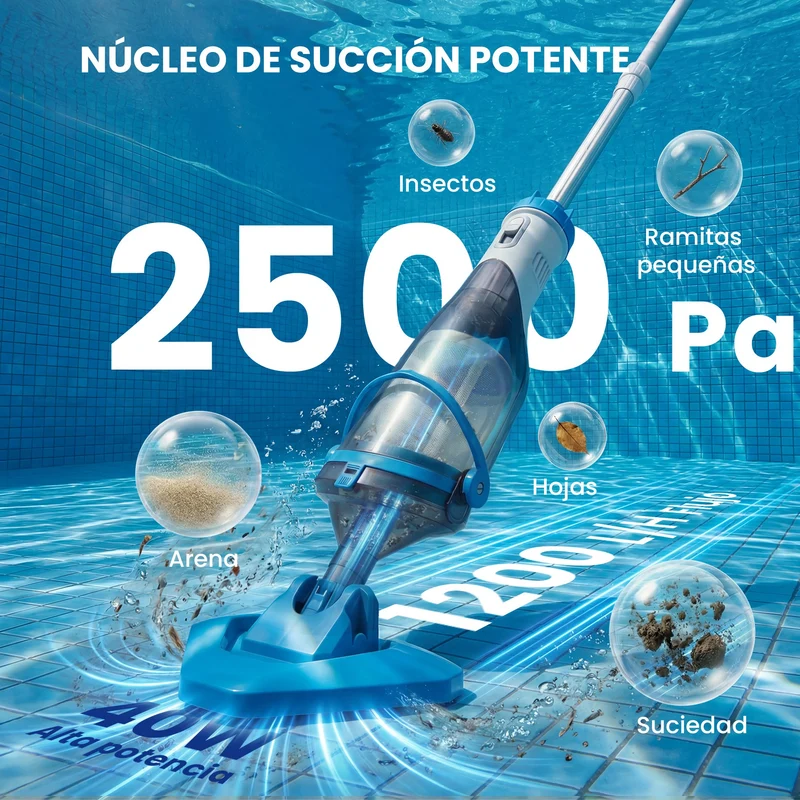 Outsunny Limpiafondos de Piscina a Batería, Aspirador de Piscina Inalámbrica con Cepillo, Mango Telescópico 63-150 cm, Aspiradora Manual para Piscinas Pequeñas, Estanques, 60 Minutos Limpieza, Azul