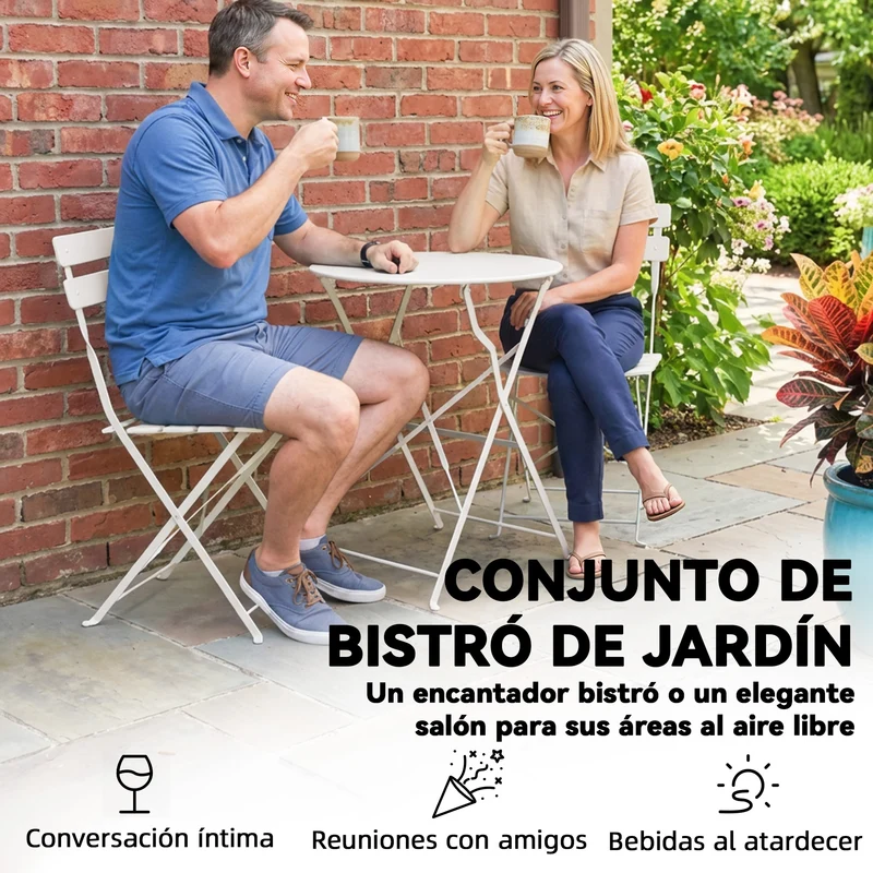 Outsunny Conjunto de Mesa y Sillas de Terraza Exterior Plegable 3 Piezas, Muebles de Jardín Exterior con 2 Sillas Plegables, Mesa Redonda, Estructura Metálica Electrofórica para Patio, Balcón, Crema