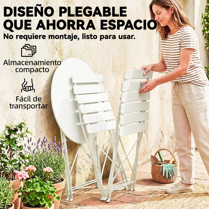 Outsunny Conjunto de Mesa y Sillas de Terraza Exterior Plegable 3 Piezas, Muebles de Jardín Exterior con 2 Sillas Plegables, Mesa Redonda, Estructura Metálica Electrofórica para Patio, Balcón, Crema