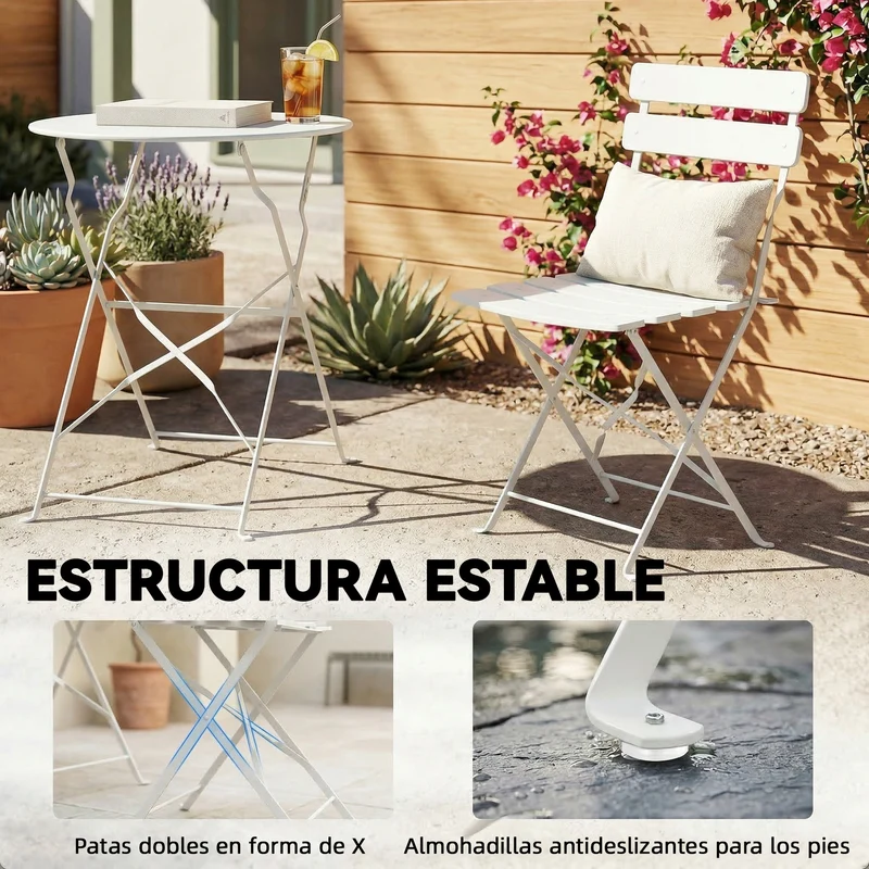 Outsunny Conjunto de Mesa y Sillas de Terraza Exterior Plegable 3 Piezas, Muebles de Jardín Exterior con 2 Sillas Plegables, Mesa Redonda, Estructura Metálica Electrofórica para Patio, Balcón, Crema