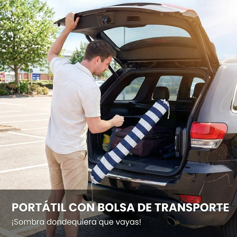 Outsunny Sombrilla de Playa con Flecos Ø180 cm, Sombrilla de Terraza Exterior con Altura Ajustable, Inclinación 30°, Anclaje Arena y Bolsa de Transporte, Azul y Blanco