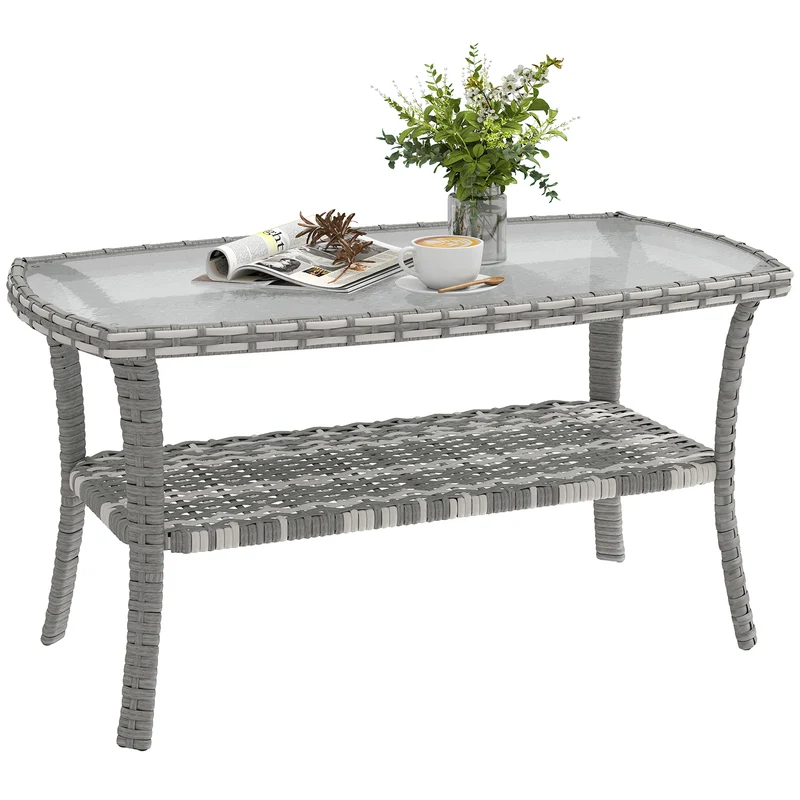 Outsunny Mesa de Jardín Exterior de Ratán con Estante, Mesita Auxiliar de Jardín Rectangular, Tablero de Vidrio Templado con Ondas, Estructura de Acero, para Terraza, Patio, 90x50x45 cm, Gris Oscuro