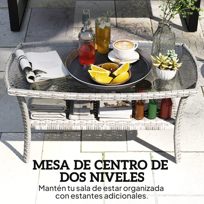 Outsunny Mesa de Jardín Exterior de Ratán con Estante, Mesita Auxiliar de Jardín Rectangular, Tablero de Vidrio Templado con Ondas, Estructura de Acero, para Terraza, Patio, 90x50x45 cm, Gris Oscuro