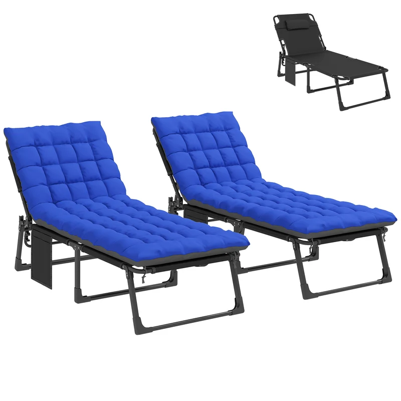 Outsunny Set de 2 Tumbonas Jardín Exterior, Tumbonas Plegables con Cojines, Respaldo Reclinable 5 Posiciones, Asiento Extra Ancho de Textilene, Bolsillo Lateral y Reposacabezas para Playa, Azul