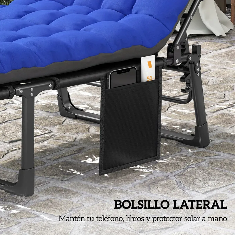 Outsunny Set de 2 Tumbonas Jardín Exterior, Tumbonas Plegables con Cojines, Respaldo Reclinable 5 Posiciones, Asiento Extra Ancho de Textilene, Bolsillo Lateral y Reposacabezas para Playa, Azul
