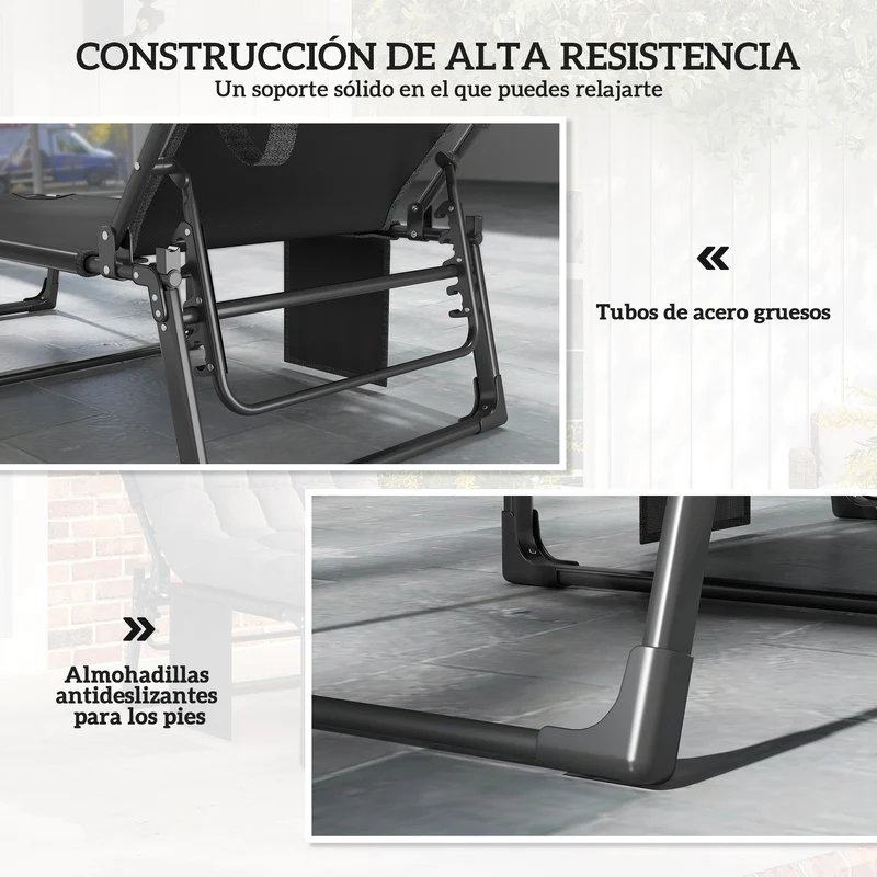 Outsunny Set de 2 Tumbonas Jardín Exterior, Tumbonas Plegables con Cojines, Respaldo Reclinable 5 Posiciones, Asiento Extra Ancho de Textilene, Bolsillo Lateral y Reposacabezas para Playa, Azul