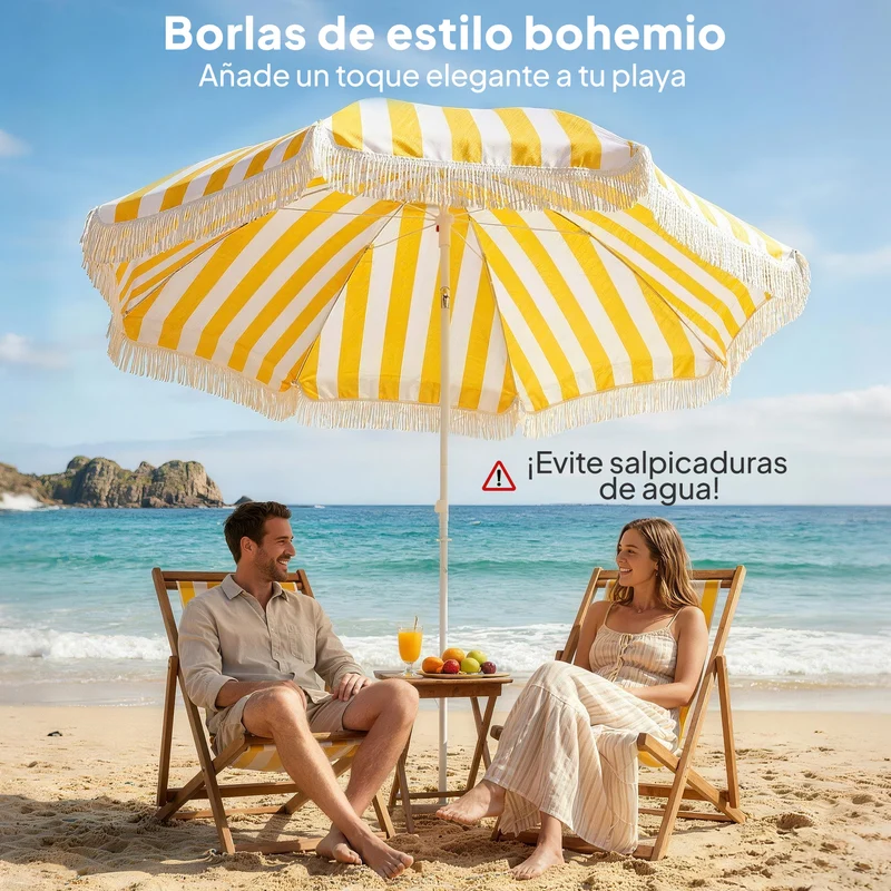 Outsunny Sombrilla de Playa con Flecos Ø180 cm, Sombrilla de Terraza Exterior con Altura Ajustable, Inclinación 30°, Anclaje Arena y Bolsa de Transporte, Amarillo y Blanco