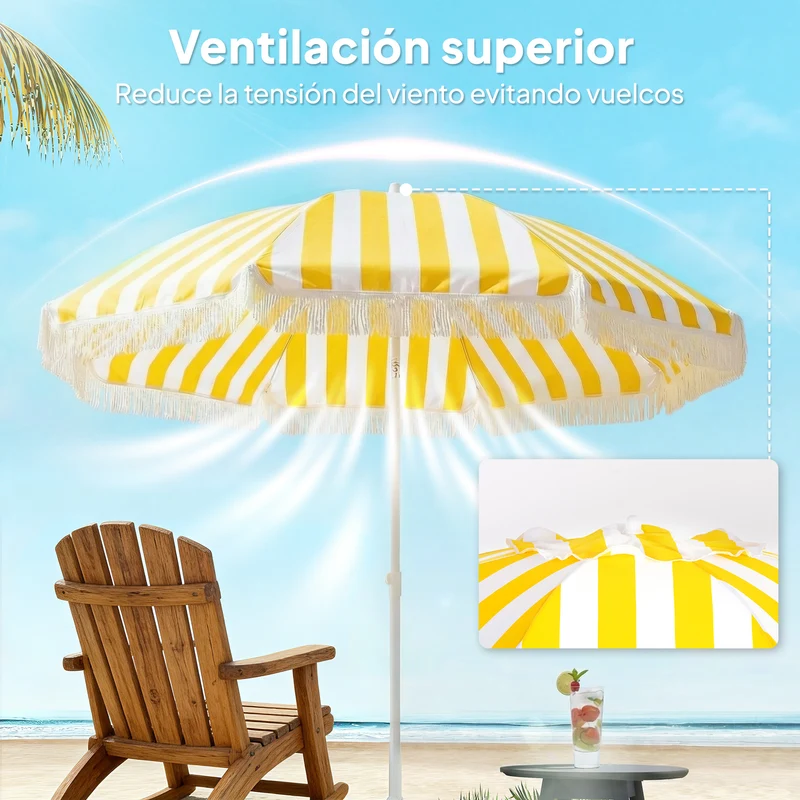 Outsunny Sombrilla de Playa con Flecos Ø180 cm, Sombrilla de Terraza Exterior con Altura Ajustable, Inclinación 30°, Anclaje Arena y Bolsa de Transporte, Amarillo y Blanco