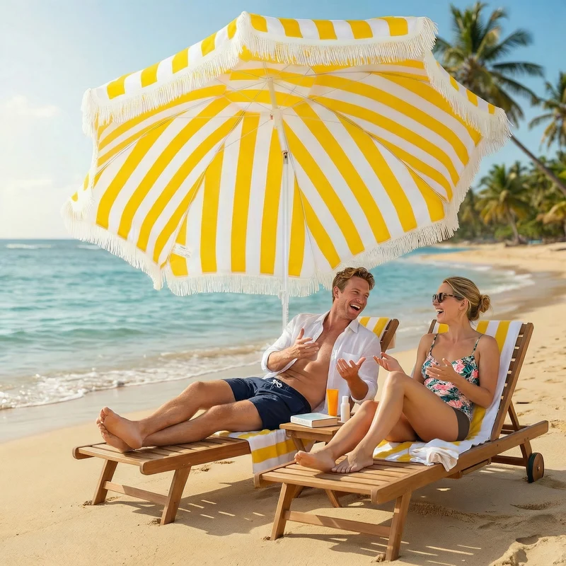 Outsunny Sombrilla de Playa con Flecos Ø180 cm, Sombrilla de Terraza Exterior con Altura Ajustable, Inclinación 30°, Anclaje Arena y Bolsa de Transporte, Amarillo y Blanco