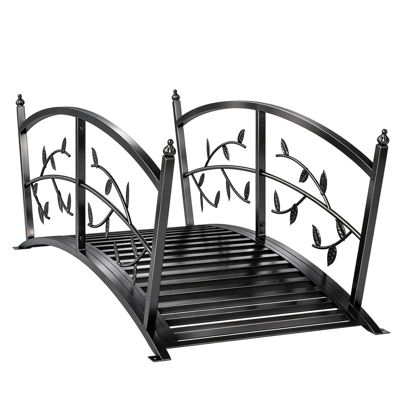 Outsunny Puente de Jardín Metálico, 1,2 m, Puente Decorativo para Estanques con Barandillas de Seguridad y Diseño de Hojas, Carga 100 kg, Construcción Resistente, Fácil Montaje, Negro