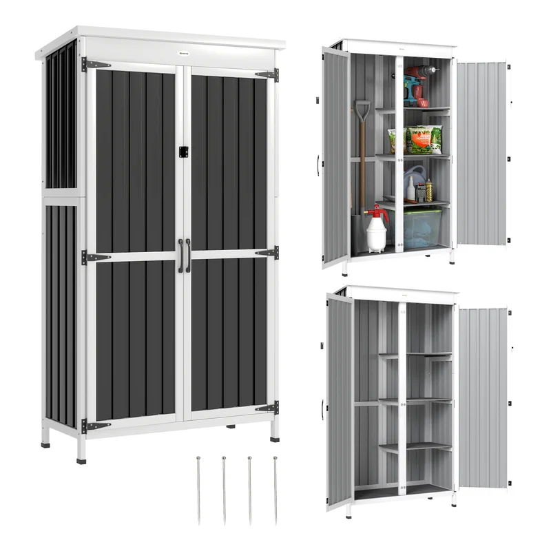 Outsunny Caseta de Jardín de Madera y Acero 94x43x166 cm Cobertizo Jardín Exterior Armario para Herramientas con 2 Puertas Estantes Ajustables Techo Impermeable para Terraza Fijación con Estacas Negro