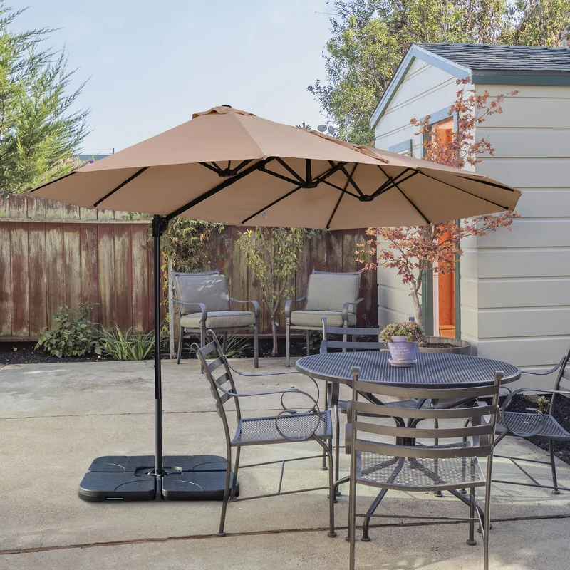Outsunny Conjunto de Sombrilla y Base Grande Inclinable para Jardín Patio con Manivela Abrir y Cerrar Fácilmente Base de 4 Piezas de plástico Alta Estabilidad Marfil y Negro