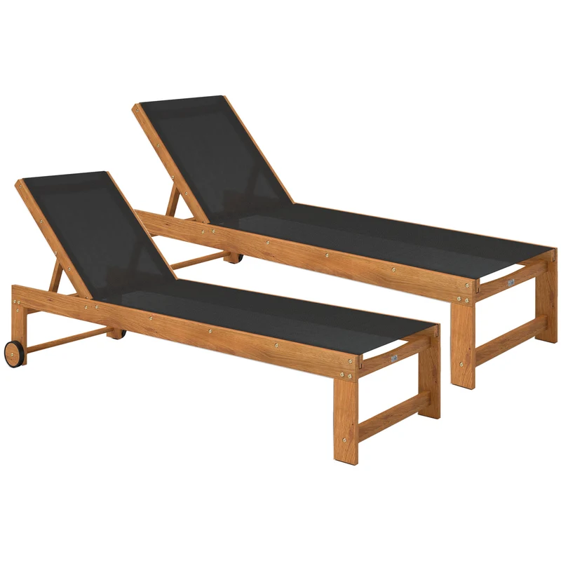 Outsunny Juego de 2 Tumbonas de Madera de Acacia Tumbonas de Jardín Exterior con Ruedas Respaldo Ajustable en 4 Niveles Carga 160 kg para Patio Terraza Balcón Teca y Negro