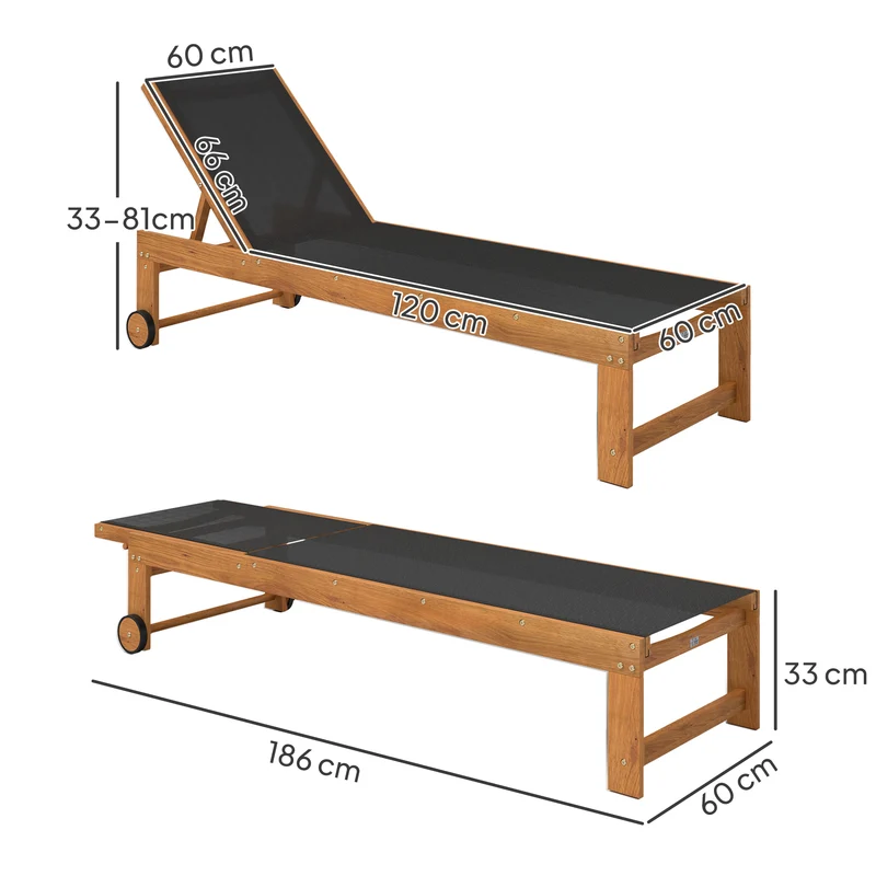 Outsunny Juego de 2 Tumbonas de Madera de Acacia Tumbonas de Jardín Exterior con Ruedas Respaldo Ajustable en 4 Niveles Carga 160 kg para Patio Terraza Balcón Teca y Negro