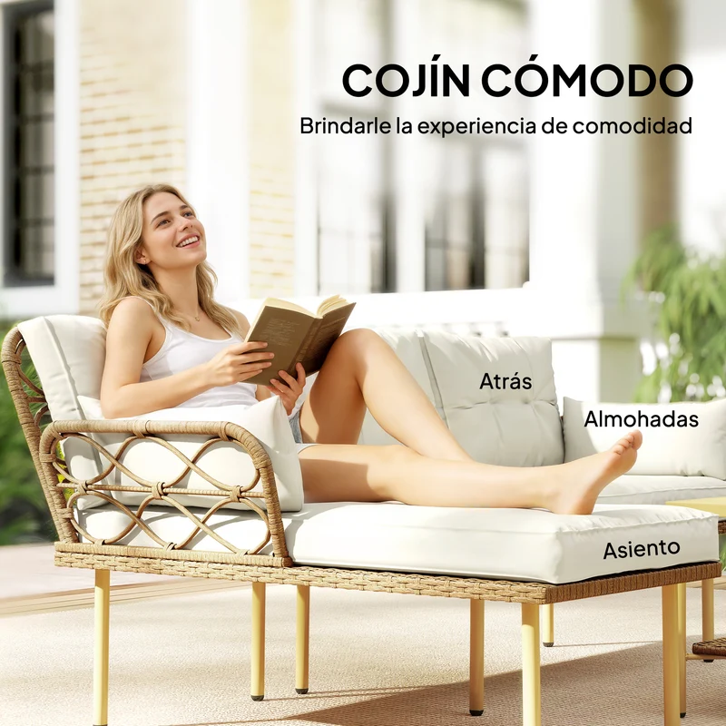Outsunny Conjunto de Jardín de Ratán, Juego de 3 Piezas Muebles Jardín Exterior con 1 Sofá de 2 Plazas, 1 Sofá Esquinera, 1 Mesa de Centro Metálica de 2 Niveles y Cojines, Anti-UV, para Patio, Crema