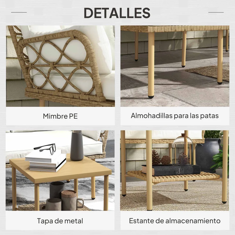 Outsunny Conjunto de Jardín de Ratán, Juego de 3 Piezas Muebles Jardín Exterior con 1 Sofá de 2 Plazas, 1 Sofá Esquinera, 1 Mesa de Centro Metálica de 2 Niveles y Cojines, Anti-UV, para Patio, Crema