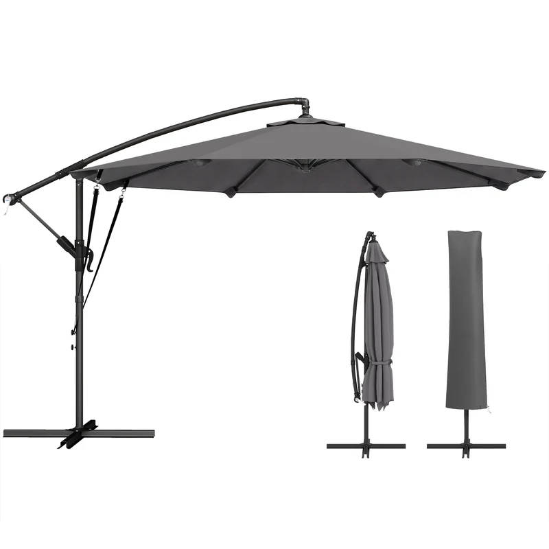 Outsunny Parasol Excéntrico, Ø300 cm, Sombrilla de Jardín con Base Cruzada, Manivela, Funda Protectora y Cuerdas de Viento, UPF30+, para Terraza, Patio, Gris Oscuro