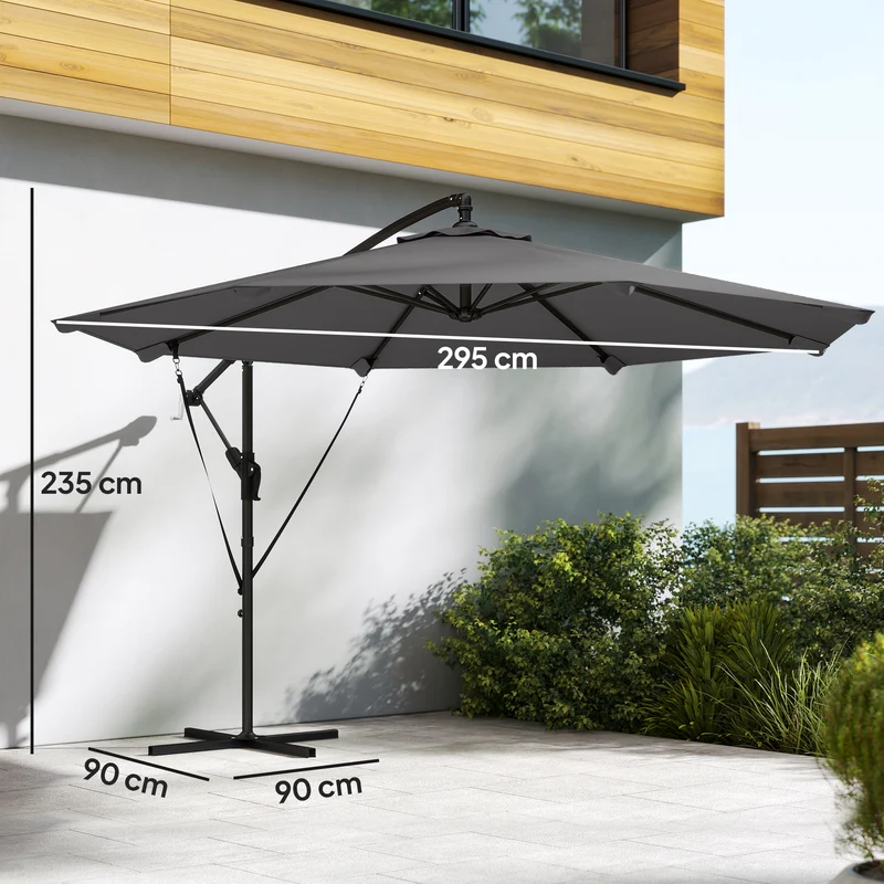 Outsunny Parasol Excéntrico, Ø300 cm, Sombrilla de Jardín con Base Cruzada, Manivela, Funda Protectora y Cuerdas de Viento, UPF30+, para Terraza, Patio, Gris Oscuro