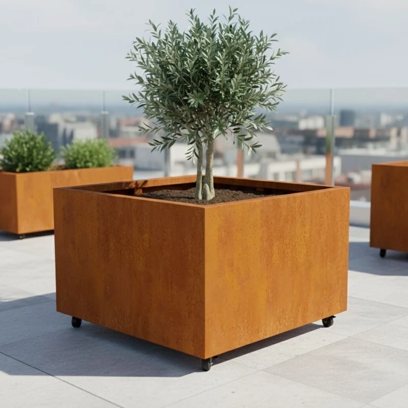 Jardinière en acier corten carrée avec roulettes 100x100x60 cm