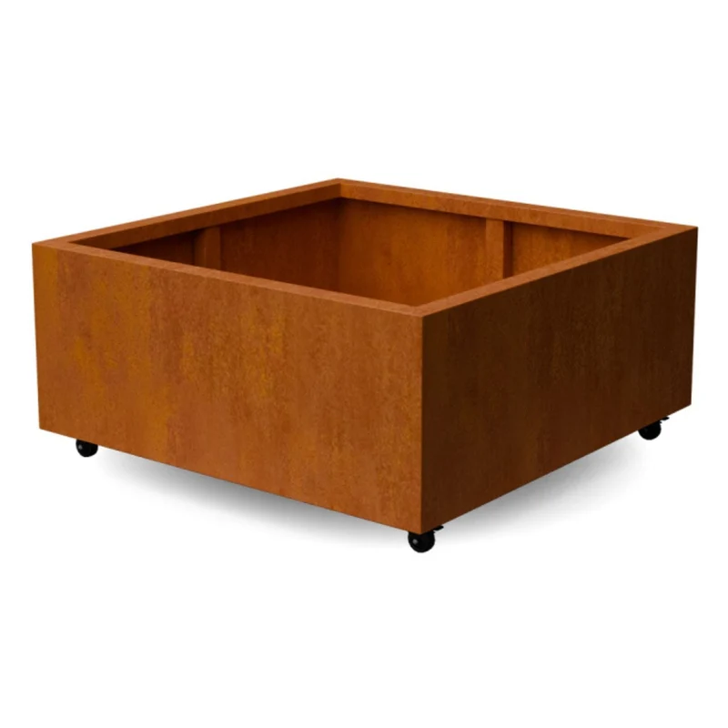 Jardinière en acier corten carrée avec roulettes 100x100x40 cm