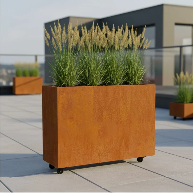 Jardinière en acier corten allongée avec roulettes 90x30x80 cm