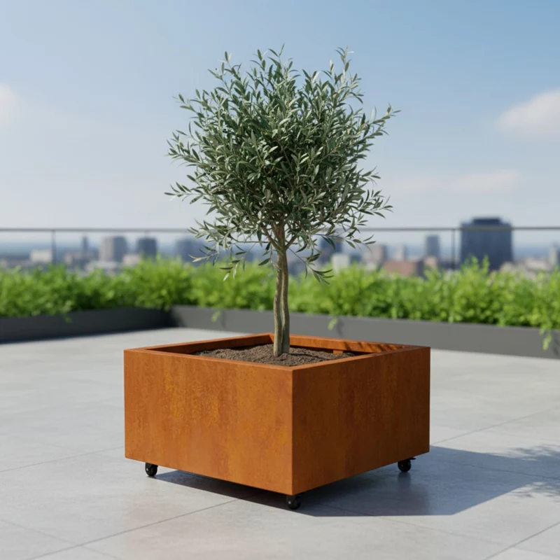 Jardinière en acier corten carrée avec roulettes 80x80x40 cm