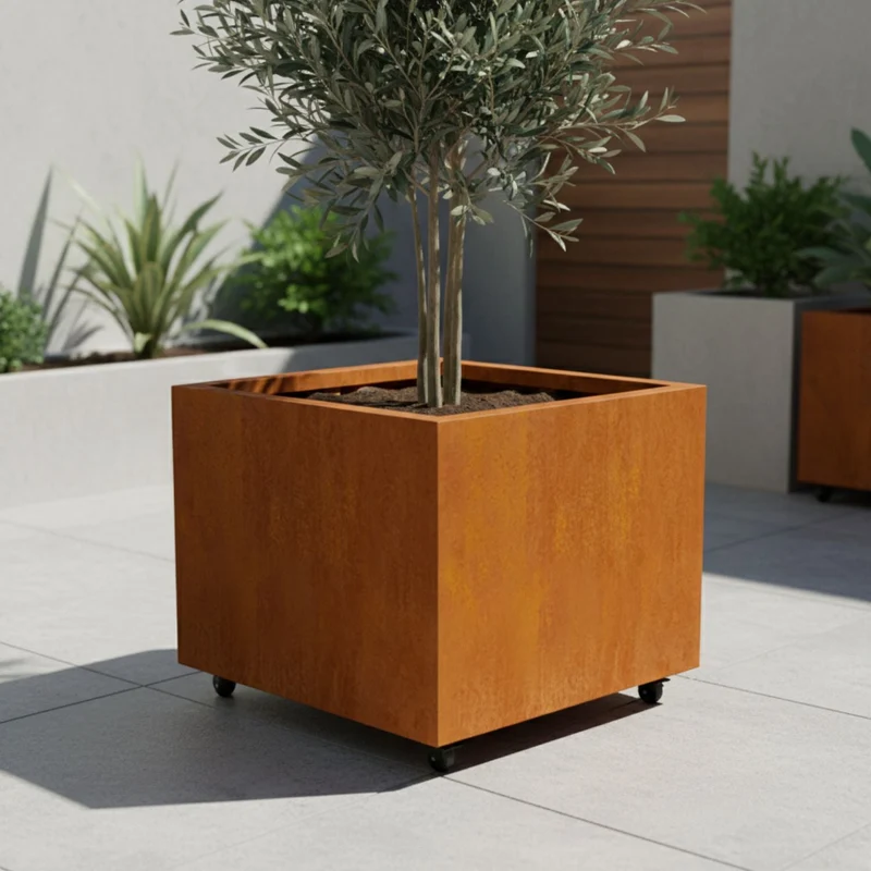 Jardinière en acier corten carrée avec roulettes 80x80x60 cm