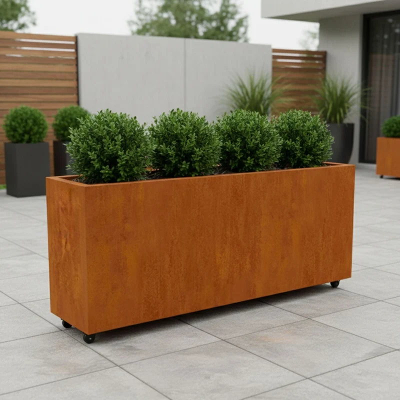 Jardinière en acier corten allongée avec roulettes 200x40x80 cm