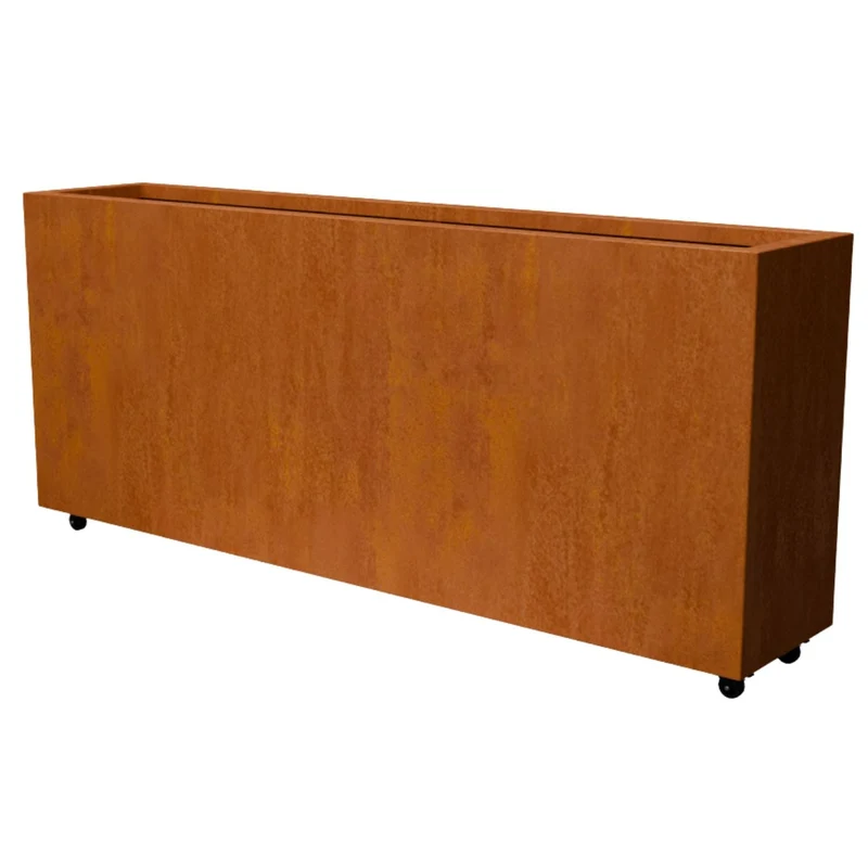 Jardinière en acier corten allongée avec roulettes 200x40x80 cm