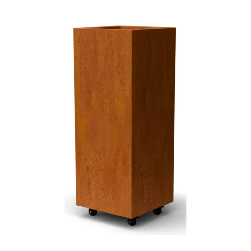 Jardinière en acier corten carrée avec roulettes 40x40x100 cm