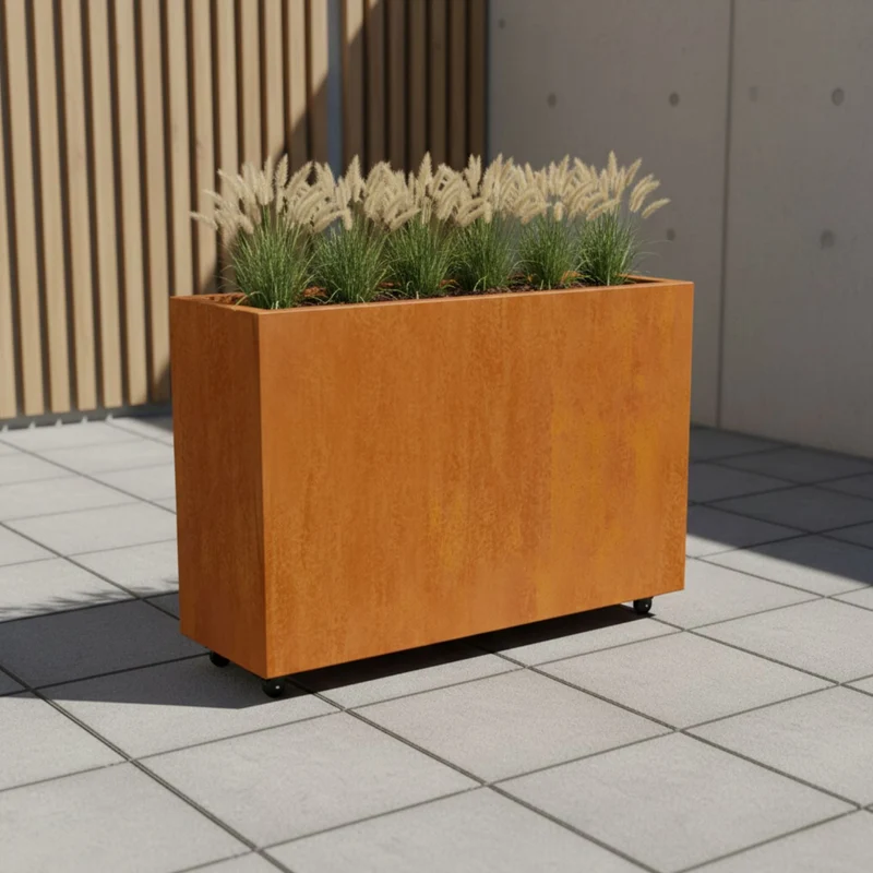 Jardinière en acier corten allongée avec roulettes 120x40x80 cm