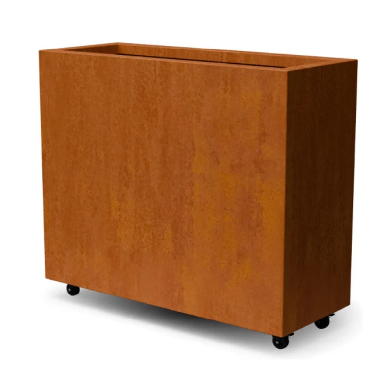Jardinière en acier corten allongée avec roulettes 100x40x80 cm