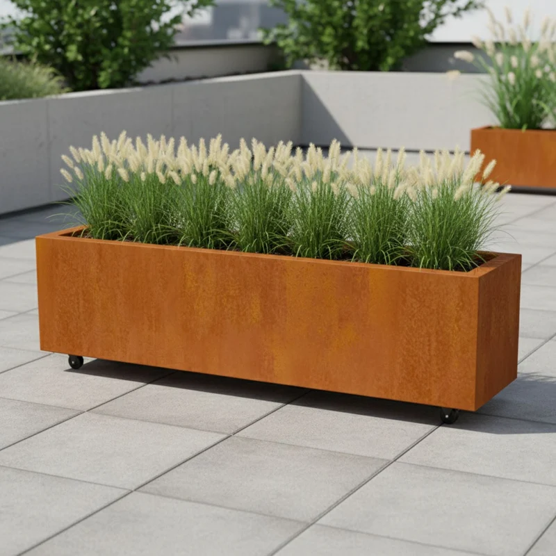 Jardinière en acier corten allongée avec roulettes 120x40x40 cm