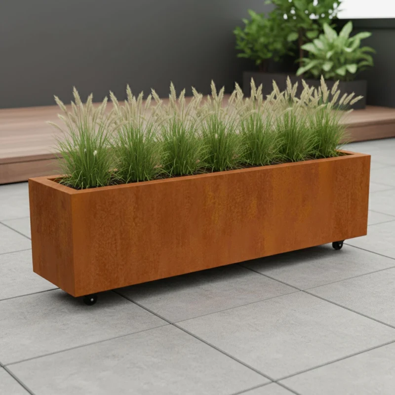 Jardinière en acier corten allongée avec roulettes 150x40x40 cm