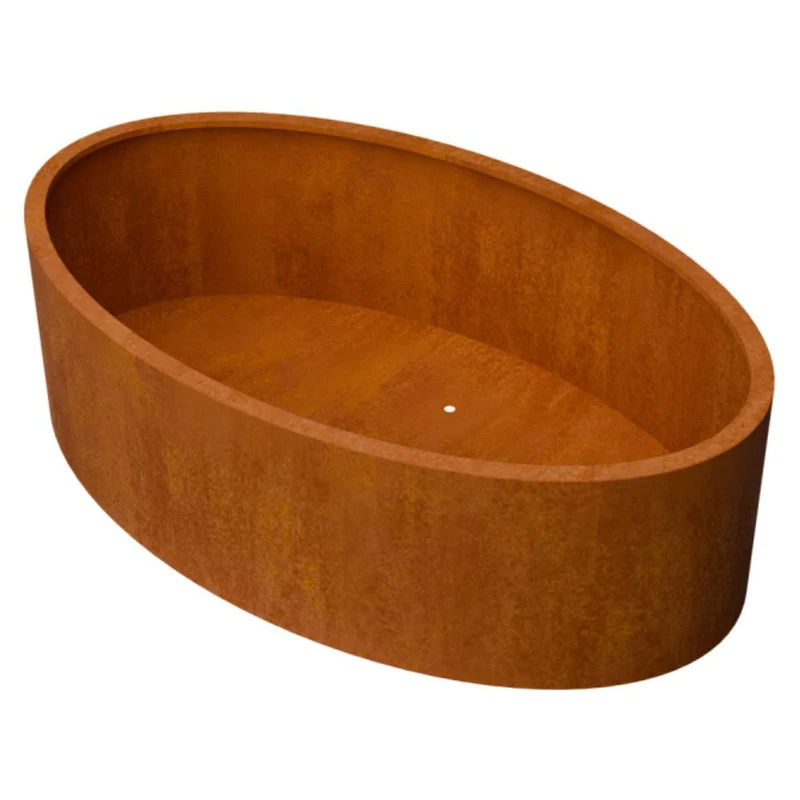 Jardinière en acier corten elliptique avec fond 200x120x60 cm