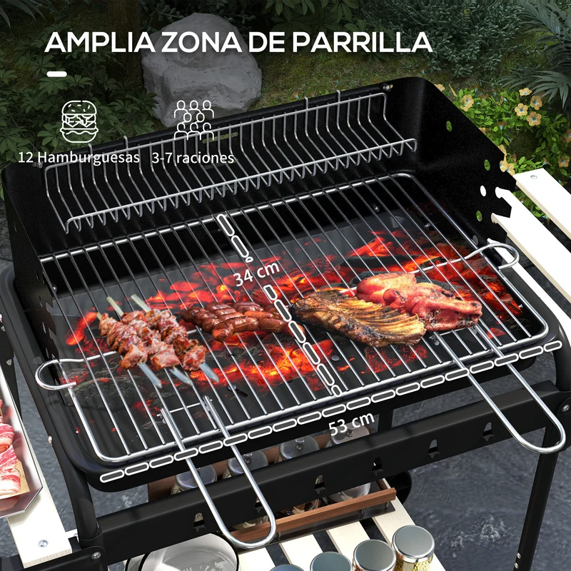 Outsunny Barbacoa de Carbón con Ruedas Barbacoa Portátil 103x47x95 cm con Parrilla Ajustable en Altura de 5 Niveles Estantes y 6 Ganchos para Pícnic Camping Negro