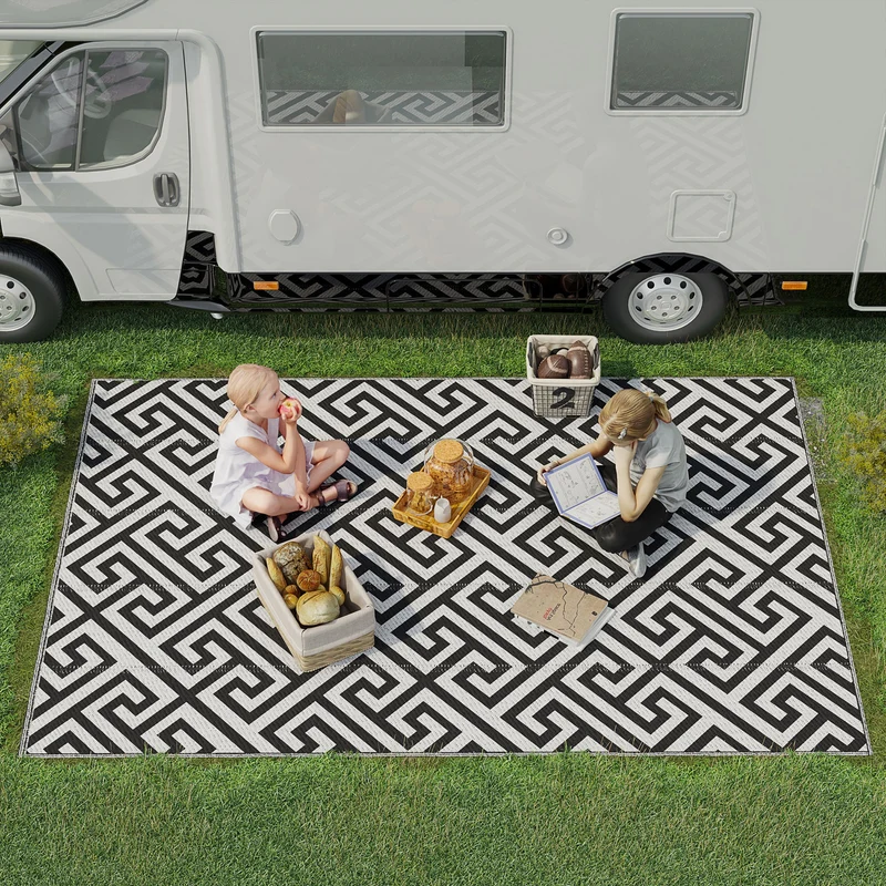 Outsunny Alfombra de Exterior 182x274 cm Alfombra Reversible con Patrón Geométrico Impermeable para Terraza Balcón Patio Camping Playa Blanco y Negro