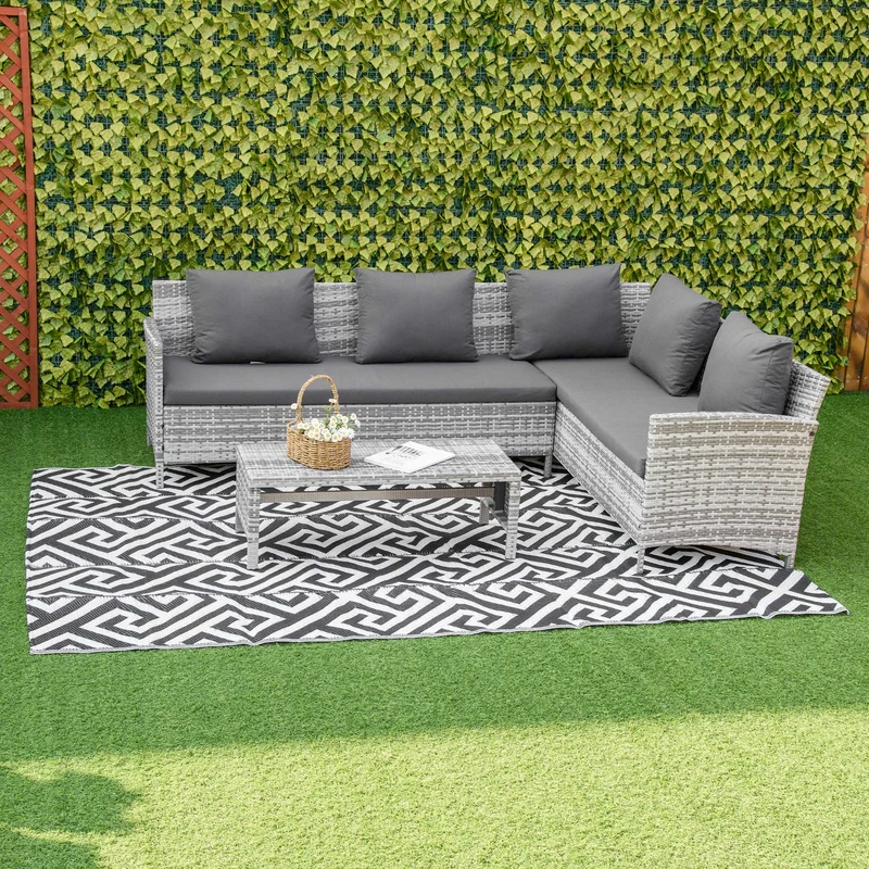 Outsunny Alfombra de Exterior 182x274 cm Alfombra Reversible con Patrón Geométrico Impermeable para Terraza Balcón Patio Camping Playa Blanco y Negro
