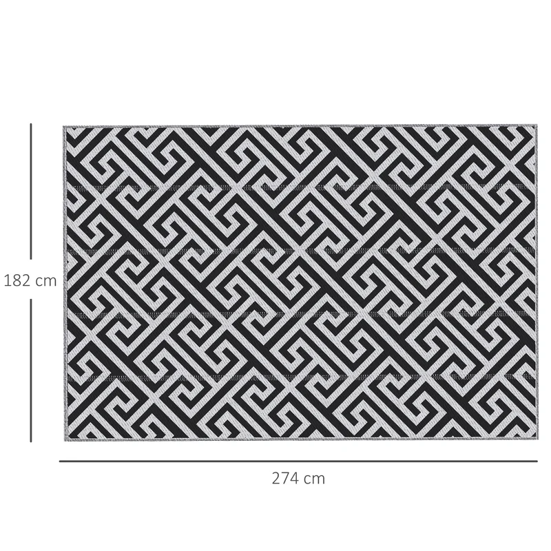 Outsunny Alfombra de Exterior 182x274 cm Alfombra Reversible con Patrón Geométrico Impermeable para Terraza Balcón Patio Camping Playa Blanco y Negro