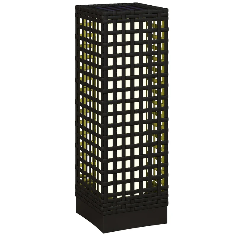 Outsunny Linterna de Jardín de Ratán Sintético Farola Solar con Luces LED Encendido y Apagado Automático para Terraza Balcón Patio 15,5x15,5x46 cm Negro