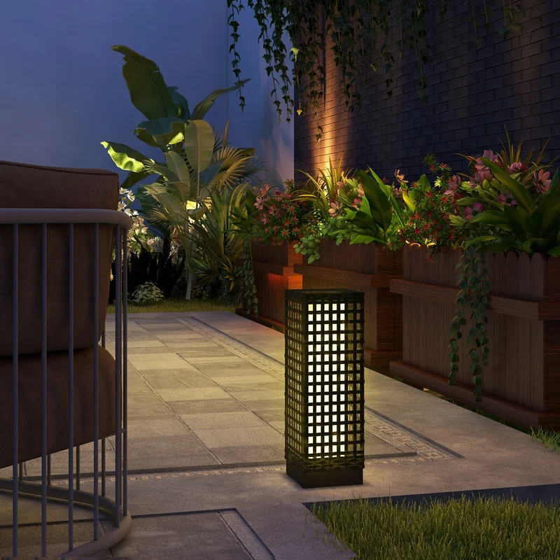 Outsunny Linterna de Jardín de Ratán Sintético Farola Solar con Luces LED Encendido y Apagado Automático para Terraza Balcón Patio 15,5x15,5x46 cm Negro