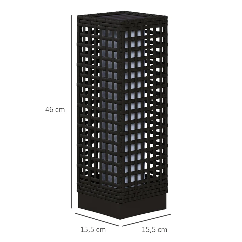 Outsunny Linterna de Jardín de Ratán Sintético Farola Solar con Luces LED Encendido y Apagado Automático para Terraza Balcón Patio 15,5x15,5x46 cm Negro