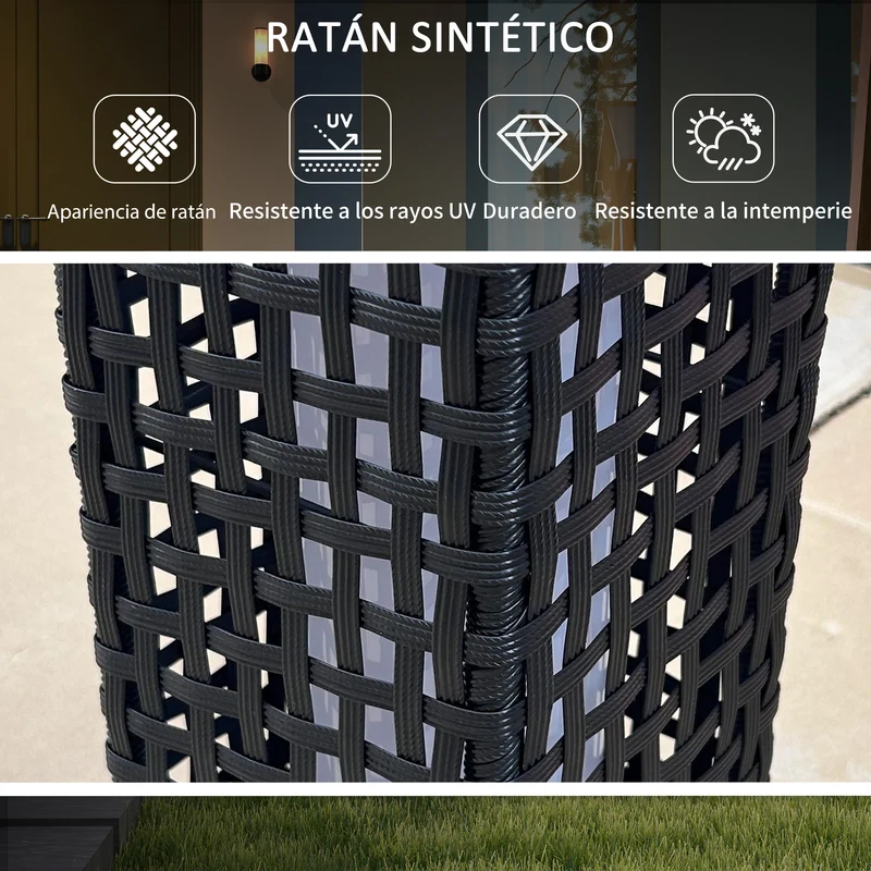 Outsunny Linterna de Jardín de Ratán Sintético Farola Solar con Luces LED Encendido y Apagado Automático para Terraza Balcón Patio 15,5x15,5x46 cm Negro