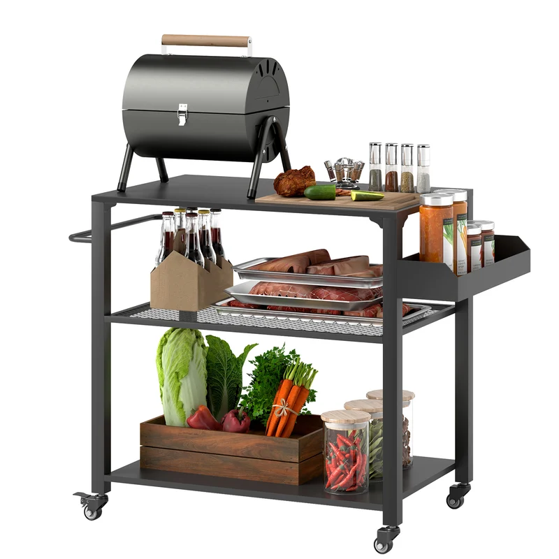 Outsunny Carrito de Parrilla de 3 Niveles Carrito de Barbacoa Carrito de Servicio con 4 Ruedas Estantes y Asa Mesa de Horno de Pizza para Jardín Patio Negro